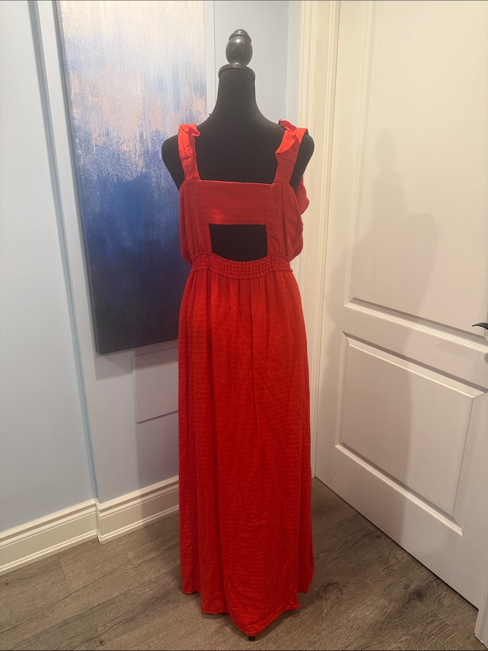 RW&CO. Bright Red Sleeveless Maxi Dress with Ruffle V-Neck - Picture 2 of 3